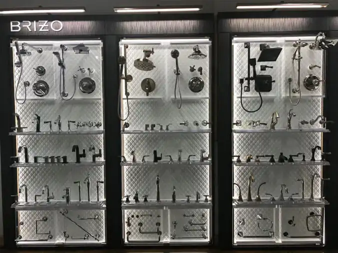 Brizo faucets and fixtures on display in the Hughes Supply Huntersville NC Kitchen & Bath Showroom