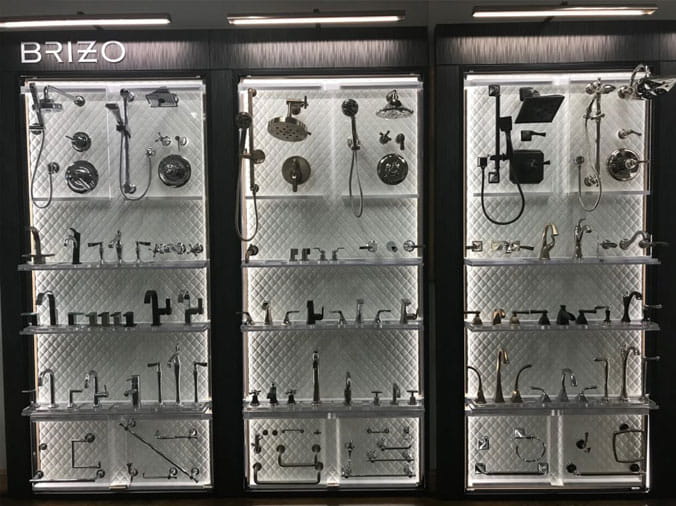 Brizo faucets and fixtures on display in the Hughes Supply Huntersville NC Kitchen & Bath Showroom